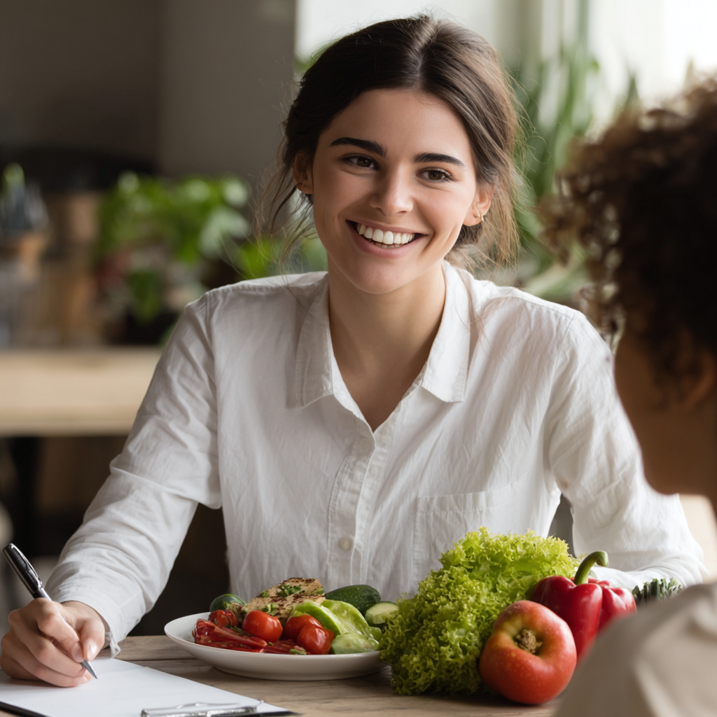 Professional team of European nutritionists and dietitians in their 30s-40s, diverse group with warm smiles, wearing casual professional attire, in a modern office setting with healthy food displays, natural lighting, realistic photography