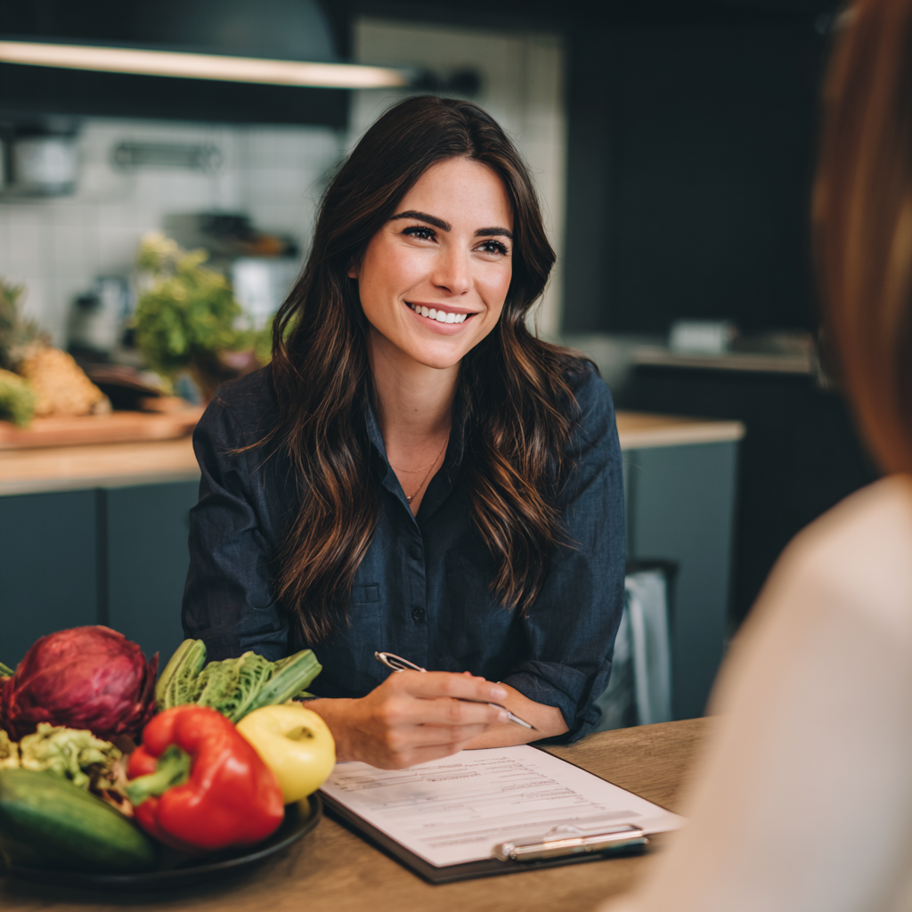 European woman in her 30s with a confident smile, holding a colorful nutritious meal, wearing casual clothing in a bright modern kitchen, healthy lifestyle concept, natural lighting, realistic photography style